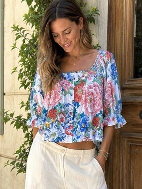 Joie Floral Linen Blend Peasant Blouse XS Cottagecore Boho